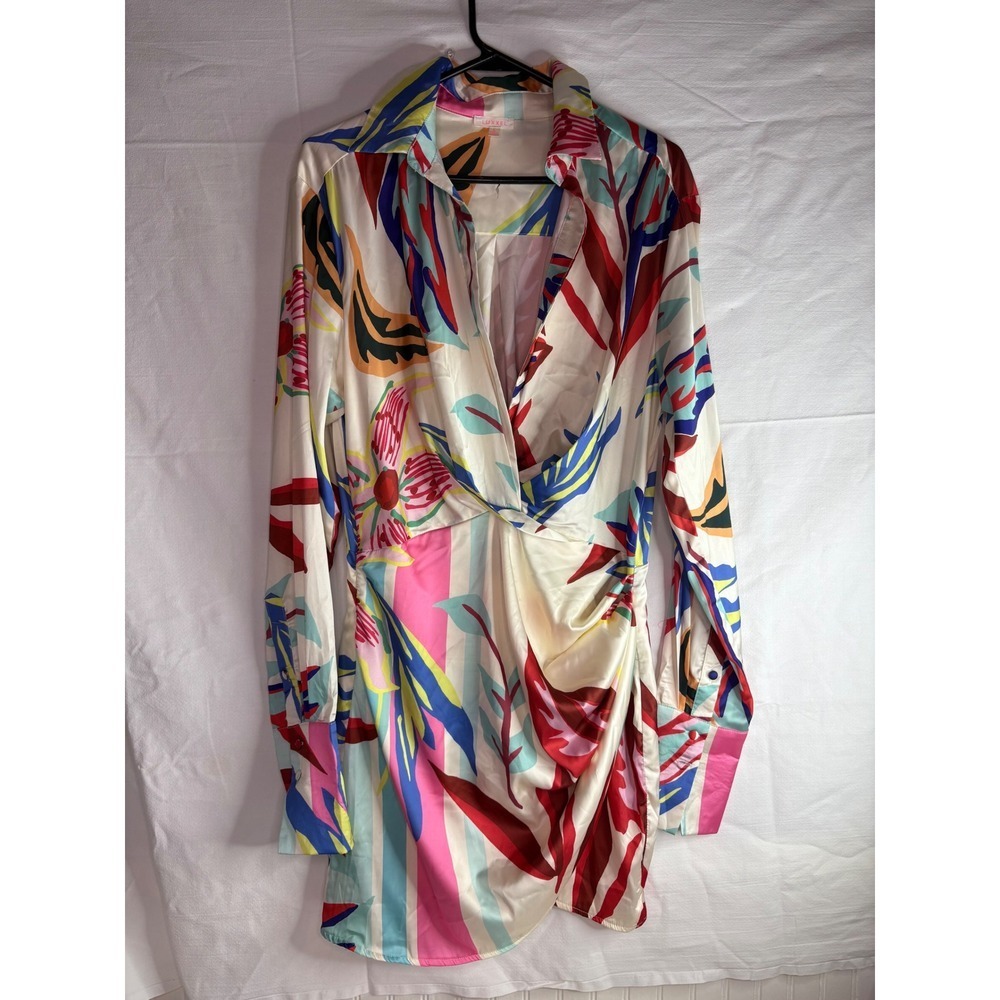 LUXXEL Women's L Wrap Front Shirt Dress Abstract Print Long Sleeve